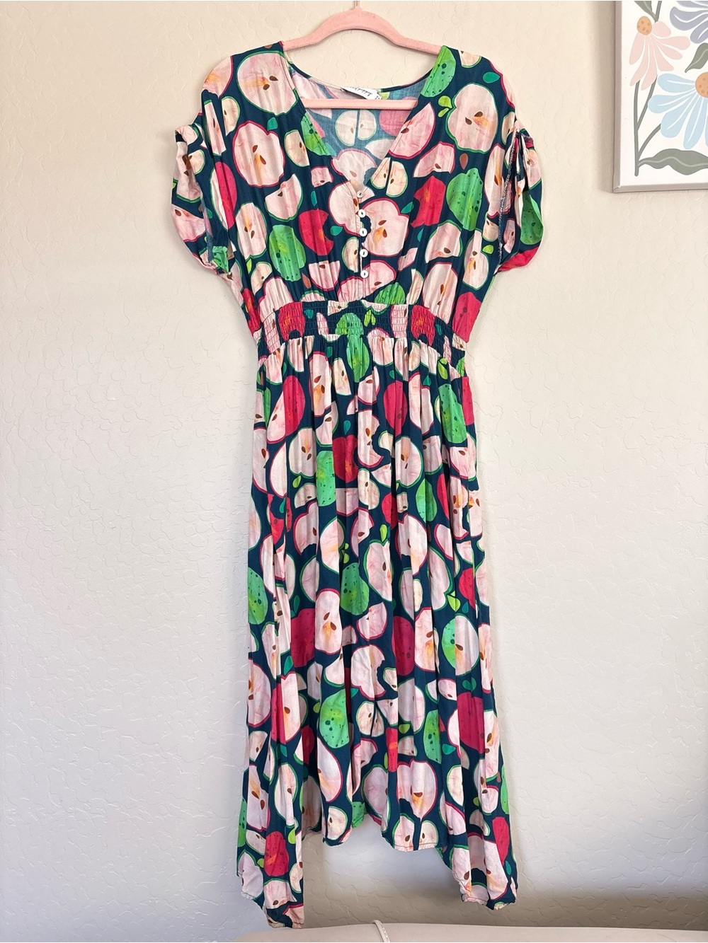 Proud Poppy Navy Apple Fruit Print Midi Dress Rayon Size 6 Summer Whimsy Retro